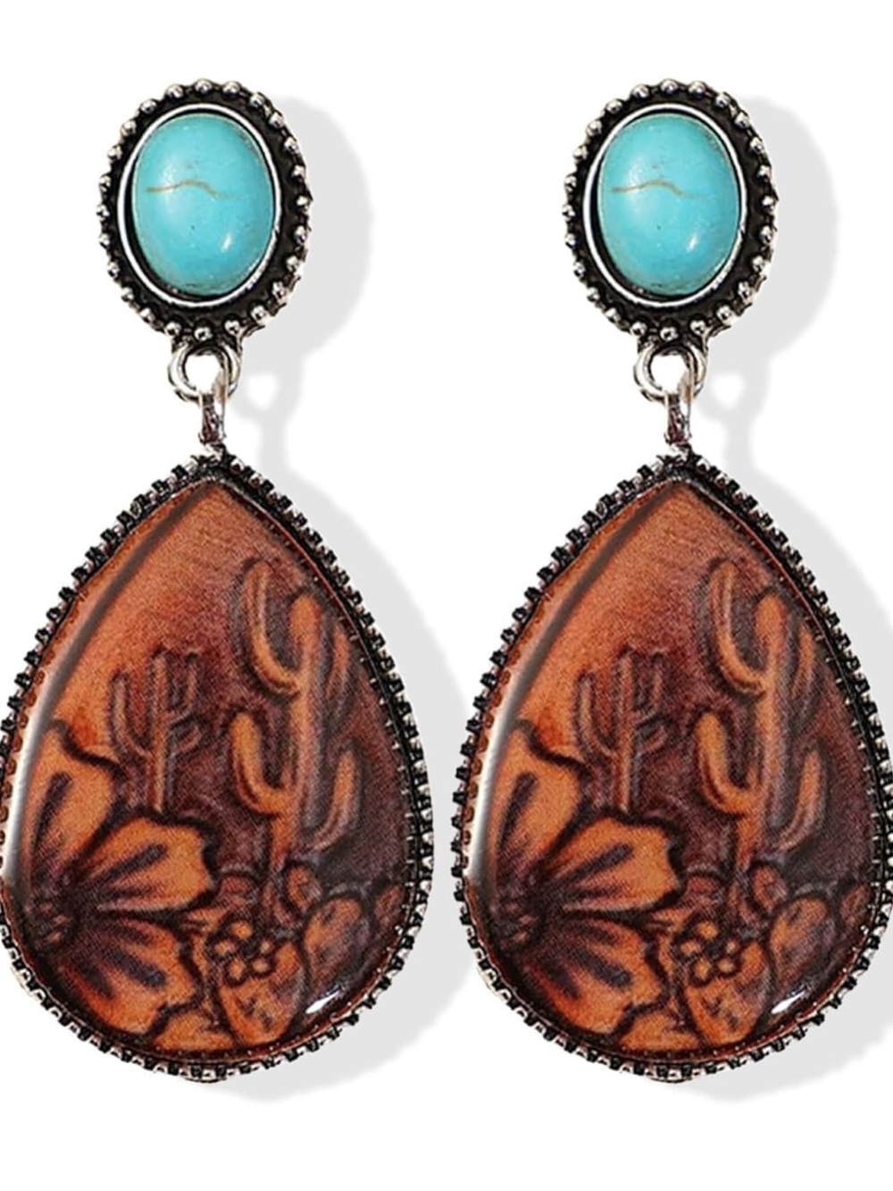 New! Turquoise & Brown Teardrop Western Drop Earrings